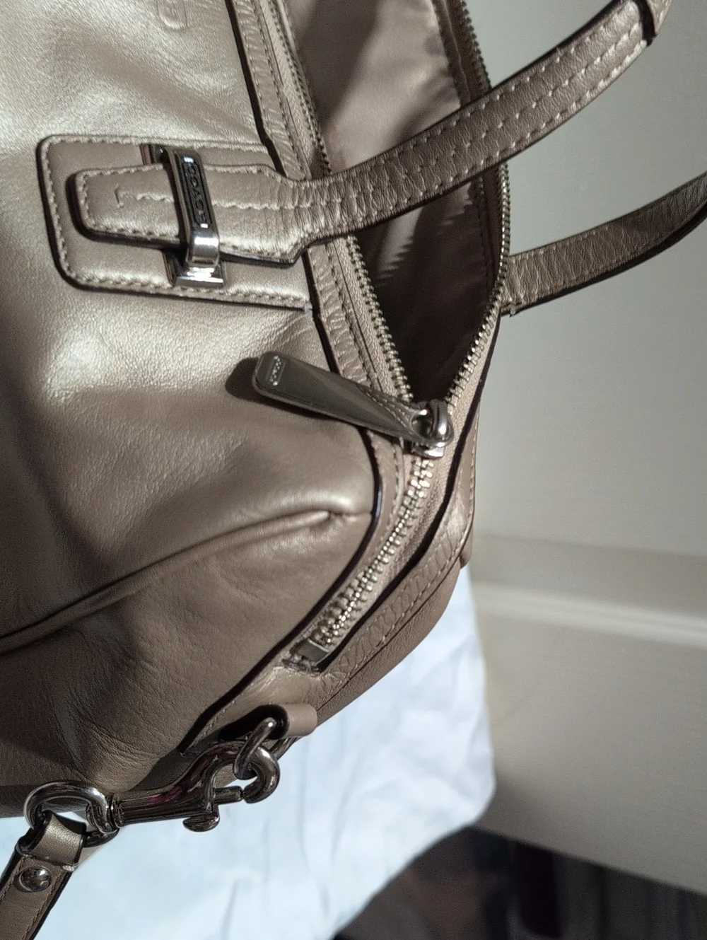 Coach Metallic Taupe Leather Handbag with Crossbody Shoulder  Strap